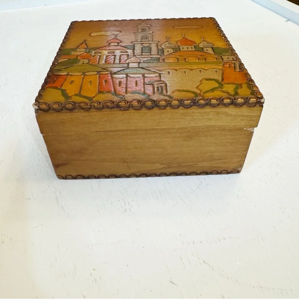 Russian Wood Box Town Scene done in Pyrography Vintage